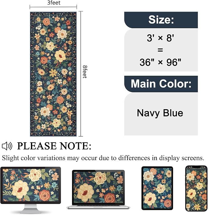 DUKINO 3x8 Runner Rug, Washable Rug for Kitchen with Non Slip Backing, Soft Non Shedding & Low Pile Design Long Floor Carpet Runner for Hallway, Bathroom, Entryway, Laundry, Navy Blue