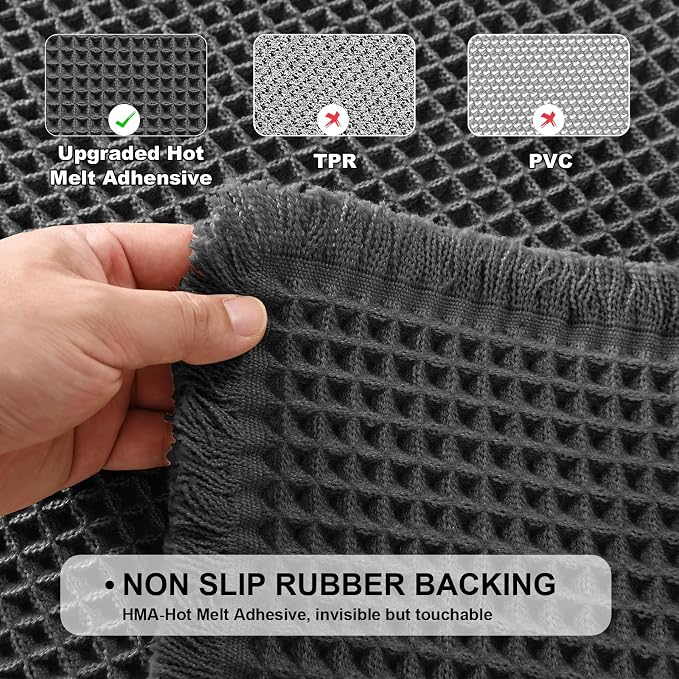 JIUZHEN Set of 2 Waffle Bath Mats Boho Non Slip Bath Rugs Washable Bathroom Rugs Super Absorbent Waffle Mats Ultra Soft Fast Drying Mat for Bathroom Floor, Tub, 16" x 24" +18" x 30", Black