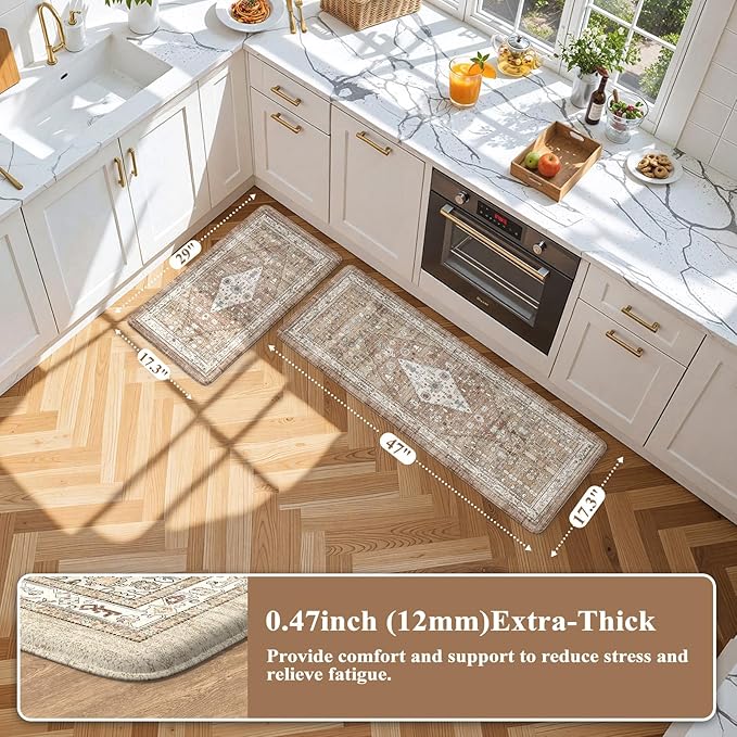 Collive Boho Kitchen Mats for Floor 2 Piece, Cushioned Anti Fatigue Mat Comfort Soft Standing Desk Carpet, Non Skid Wforaterproof Sink Rug for Home Office, Decor, 17.3"x29"+17.3"x47"