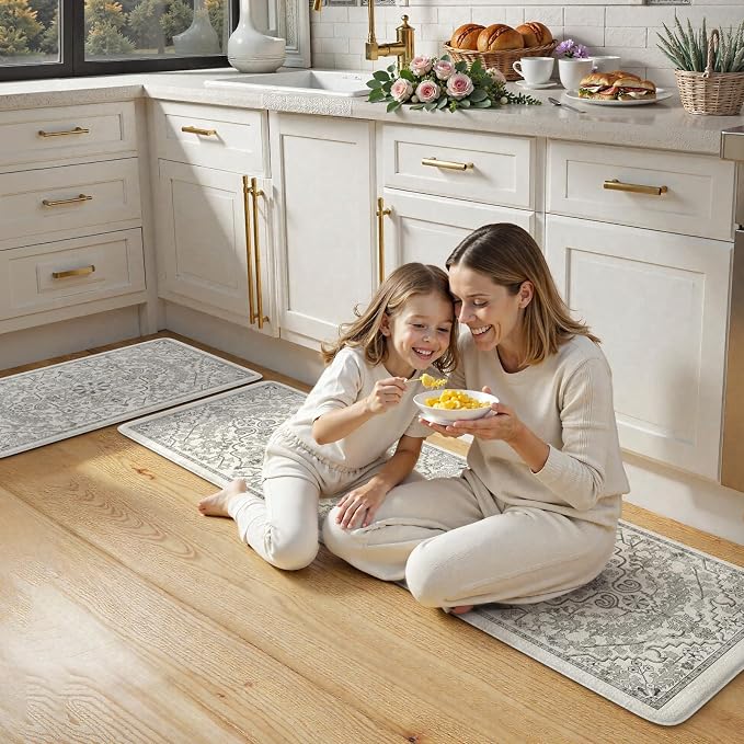 KIMODE Anti Fatigue Kitchen Mats for Floor 2 Piece, Cushioned Boho Distressed Kitchen Rugs, Memory Foam Kitchen Floor Mats, Summer Standing Desk Mats for Laundry Office Sink Grey 20"x59"+20"x32"