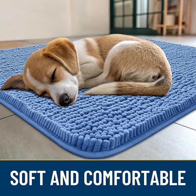 Smiry Dog Door Mat for Muddy Paws 30x20, Absorbent Dirt Trapper, Non-Slip Washable Chenille Entryway Rug for Inside Floor, Cornflower Blue, Classic Solid
