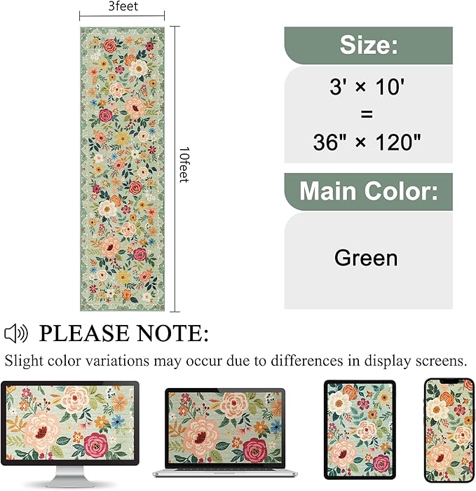 DUKINO 3x10 Runner Rug for Hallway, Washable Kitchen Floral Runner Rug with Non Slip Backing, Low Pile Soft Boho Carpet for Kitchen, Hallway, Entryway, Laundry, Bedroom, Green