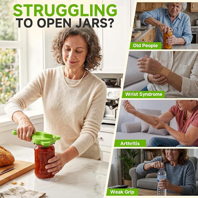 2026 Upgraded 4-in-1 Jar Opener - Adjustable Stainless Steel Lid Remover for Seniors & Arthritis Sufferers, Fits Kitchen Jars, Bottles & Cans Green