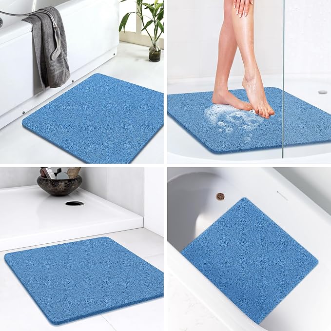 LuxStep Shower Mat Bathtub Mat,24x24 inch, Non-Slip Bath Mat with Drain, Quick Drying PVC Loofah Bathmat for Tub,Shower,Bathroom (Lake Blue)