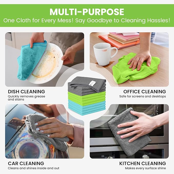 12 Pack Microfiber Cleaning Cloth, 3 Assorted Colors Cleaning Rags for Housekeeping, Colorful Reusable Microfiber Towels for Car, Kitchen, Bathroom and Household Cleaning Supplies, 11.8"X11.8"