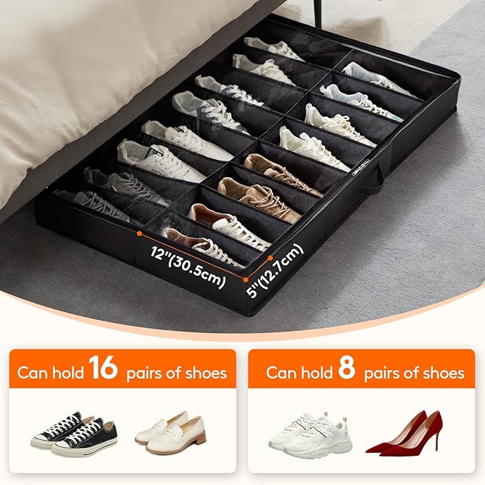 Lifewit Under Bed Shoe Storage Organizer 4 Pack(16 Shoes Cells), 4.3 Inches Profile Fabric Shoes Container Box with Clear Cover, Foldable Storage Bag with 2 Handles, Fits 32 to 64 Pairs