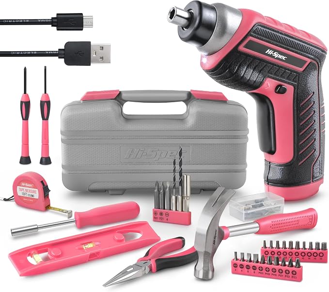 Hi-Spec 35-Piece Tool Kit with 3.6V USB Small Electric Screwdriver Set, Pink Drill Set for Women, Tool Kit for Home
