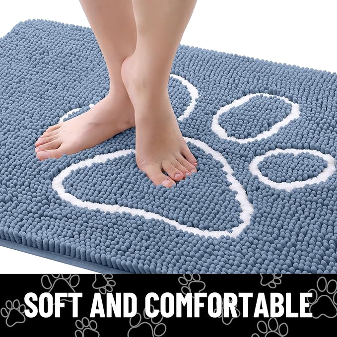 Smiry Dog Door Mat for Muddy Paws, Absorbent Dirt Trapper Non Slip Quick Dry Washable Chenille Mat for Mud Dogs, Entry Rug for Indoor and Outdoor (71x46 Inches, Airy Blue and White)