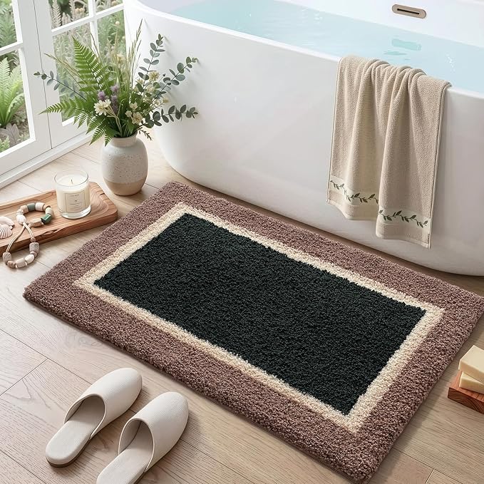 DEXI Bathroom Rugs 43x24, Absorbent Extra Soft Plush Microfiber Bath Mat for Bathroom, Non Slip Washable Bathmat Quick Dry for Shower Floor, Sink, Tub, Laundry Room, Brown and Green