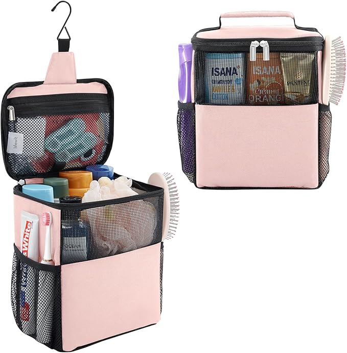 Lifewit Mesh Shower Caddy Bag Portable for College Dorm Room Essentials, Hanging Organizer Basket, Quick Dry Tote Bag for Camping, Bathroom, Beach, Travel, Medium, Pink