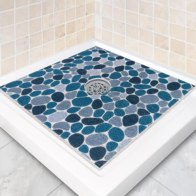 Square Shower Mat Non Slip: 27 x 27 Inch Large Shower Mats with Drain Hole in Middle - PVC Loofah Anti Slip Shower Floor Matt for Inside Shower