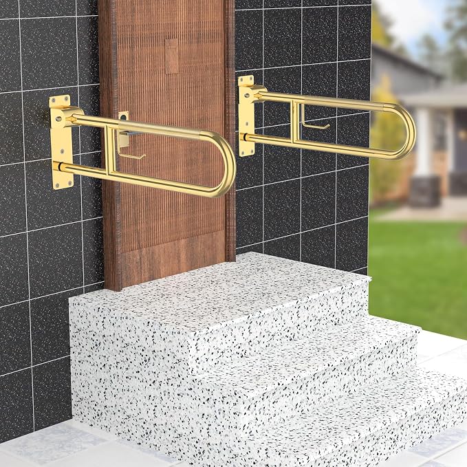 Toilet Grab Bar 32 Inch Gold, Munzong Anti-Slip Handicap Grab Bars with Paper Holder, Flip-Up Bathroom Safety Rails, Stainless Steel Knurled Support handrails for Seniors Elderly Disabled Pregnant