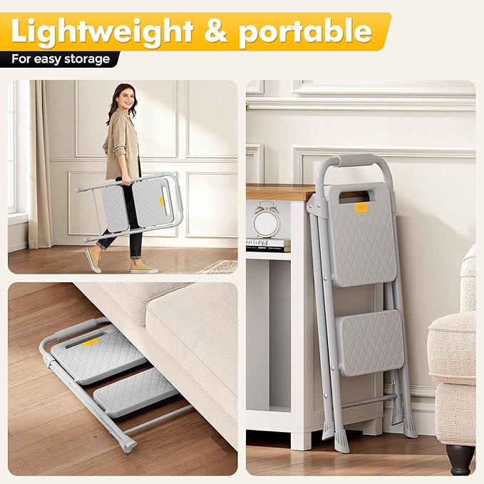 KINGRACK 2 Step Ladder, Folding Step Stool with Safety Lock & Sturdy Anti-Slip Pedals, Pass 800lbs Load Testing, Lightwegiht, Portable Steel Ladder with Handrails for Home, Kitchen, Garage, Office