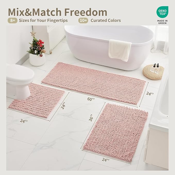 Bathroom Rugs Non Slip Washable 55x24, Extra Thick Soft Chenille Absorbent Bath Mat, High Density Barrier Non Slip Backing, Quick Dry Plush Shaggy Floor Carpet for Tub&Shower, Pink