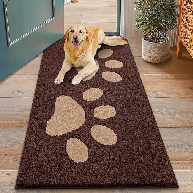 Smiry Dog Door Mat for Muddy Paws, Absorbs Moisture and Dirt, Low-Profile Entryway Mat with Non-Slip Backing, Entry Indoor Outdoor Doormat for Inside Floor (48x30 Inches, Brown, Paw
