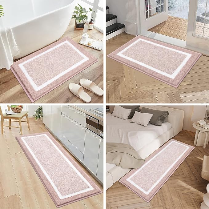 Pauwer 3-Piece Bathroom Shower Rug Set with U-Shaped Contour Toilet Mat, Absorbent Microfiber Plush Bath Mats, Non-Slip, Machine Washable Shaggy Bathroom Floor Mats, Dusty Pink