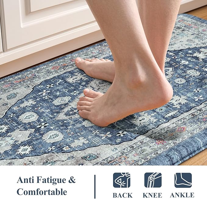 Collive Kitchen Mats for Floor, Boho Non Slip Kitchen Cushion Rug Kitchen Floor Mats Anti Fatigue for Office, Laundry, Sink, 17”x47”Dark Blue Non-Skid Waterproof Standing Desk Mat