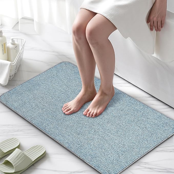 Upgraded Bath Mat 24x36Inch, Thin Bath Mats Rugs with Rubber Backing Non-Slip, Absorbent,Quick Dry Machine Washable, Home Decor Accessories Cozy Cloth Bathroom Rugs fit Under Door/Sink/Tub/Shower-Blue