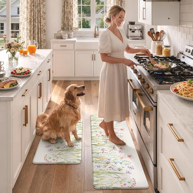 KIMODE Anti Fatigue Kitchen Mat for Floor, Farmhouse Floral Kitchen Rugs Sets of 2, Kitchen Floor Mats Non-Slip, Cushioned Standing Mat for Sink, Laundry, Desk, Home White 17"x47"+17"x29"