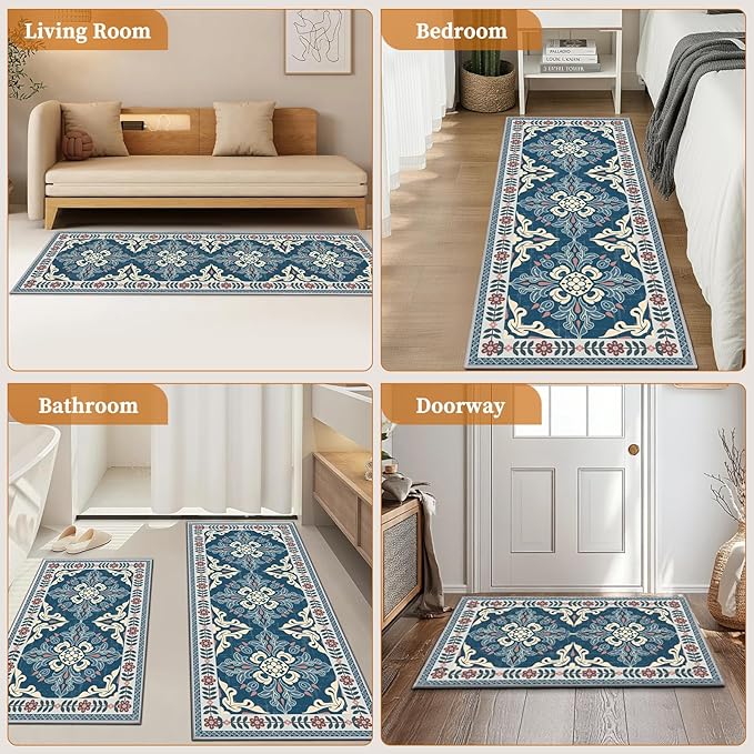 3-Piece Kitchen Rugs, Non-Slip & Washable Floor Mats, Water-Absorbent Area Pad, Standing Desk Mat for Office, Home, Doorway, Laundry, Kitchen Accessories (Retro Blue)