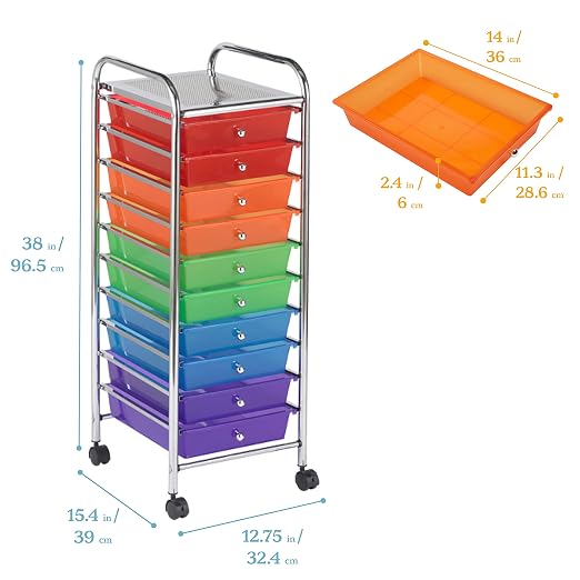 ECR4Kids 10-Drawer Everyday Mobile Storage Utility Cart, Craft Organizer, Assorted
