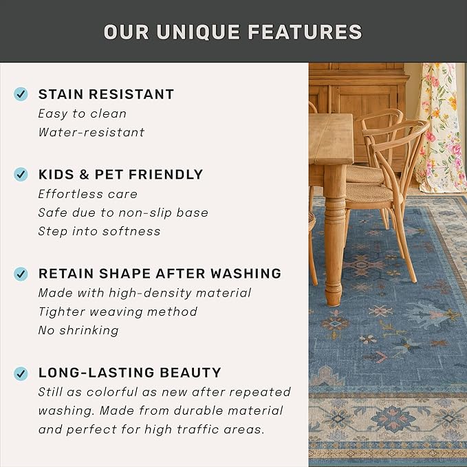 Washable 3x8 Throw Rug for Hallway - Blue Rugs for Entryway Indoor, Bedroom Bedside, Mudroom, Boho Eclectic Modern Décor, Non Slip Low Pile Fade Resistant