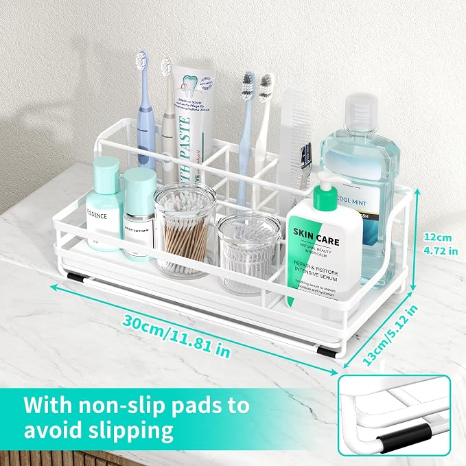 HapiRm Toothbrush Holders for Bathroom - 5 Partitions Bathroom Counter Organizer with Instant Drying Stone, Stainless Steel Countertop Storage Electric Toothbrush Toothpaste Holder - White(Large)