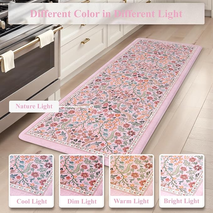 Collive Kitchen Mats for Floor, Cushioned Anti Fatigue Mat Pink Floral Rugs 2 Piece Non Skid Waterproof Sink Rug, Memory Foam Comfort Standing Mat for Office, Laundry, Desk