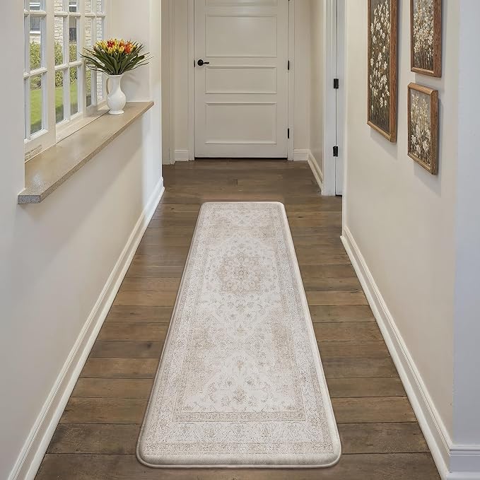 PureCozy Kitchen Mats for Floor Anti Fatigue Cushioned Beige Vintage Kitchen Mats Waterproof Non Slip Comfort Standing Oriental Medallion Runner Rug for Sink Laundry Office Bathroom 17.3"x59"