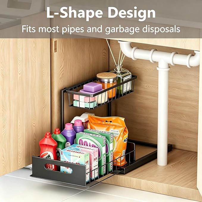 Ceetug Under Sink Organizers and Storage 2 Tier Slide Out Kitchen Cabinet Organizer Sturdy Metal Bathroom Storage (Black, 1 Pack)