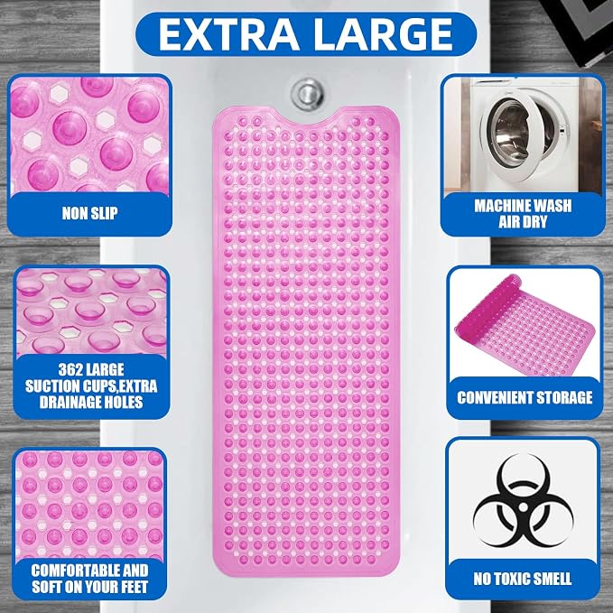 ZHICHENG Bath Tub and Shower Mats, Non-Slip 39 x 16 Inch Extra Long Bath Mat, Machine Washable Bathtub Mat with Drain Holes, Suction Cups for Bathroom (Color Red)