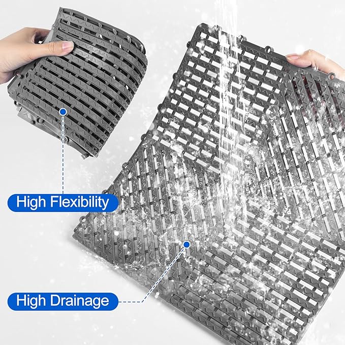 ToLanbbt Modular Interlocking Cushion 12P 11.8" x 11.8" Interlocking Rubber Floor Drain Holes Non-Slip Splicing Drainage Mats for Deck, Shower, Kitchen, Drain Pool, Sauna Bath (Dark Grey, Diagonal)
