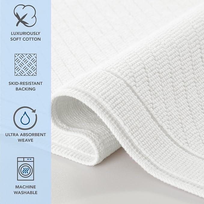 Arkwright 100% Cotton Bathroom Rug - High Absorbent Stylish Textured Woven Design Bath Mat, Slip Resistant Backing for Shower and Bathtub Floor, 20x32 in - White