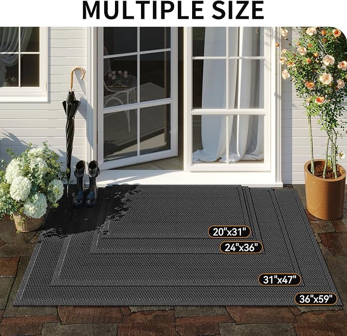 Front Door Mat 20''x31'', Drainage Heavy Duty Dirt Trapping Non-Slip Doormats, Outdoor Rubber Floor Mats, Restaurant Commercial Kitchen Industral Pool Entrance Bar Wet Area, Black