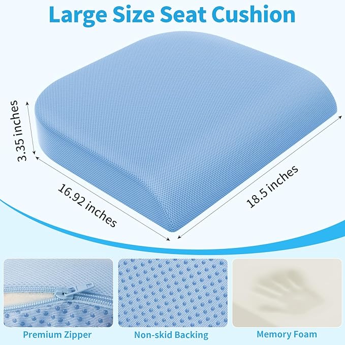 TranquilRelax XLarge Seat Cushion, Memory Foam Cushion for Long Sitting Hours on Office Chair, Home & Car, Non-Slip Chair Pad for Relieving Back & Sciatica & Hip & Coccyx Pain (Light Blue)