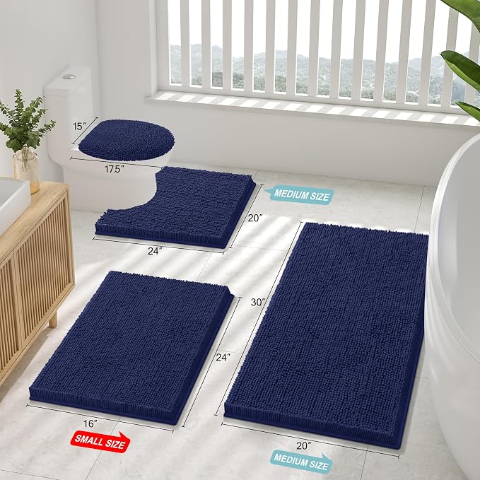 Smiry Luxury Chenille Bathroom Rugs 50x30, Extra Soft and Absorbent Shaggy Bath Mat, Machine Washable, Non-Slip Plush Carpet Runner for Tub, Shower, and Floor, Home Decor Accessories, Navy Blue