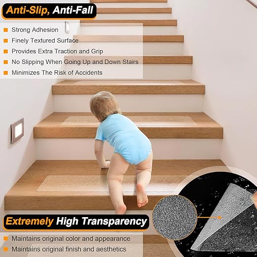 SMILOOL Clear Non Slip Stair Treads for Wooden Steps Indoor 5 Pack 4" x 40" Pre-Cut Anti Slip Stair Strips for Wood Stairs, Grip Tape Transparent Step Tread Grips for Dogs Kids and Pets, Waterproof