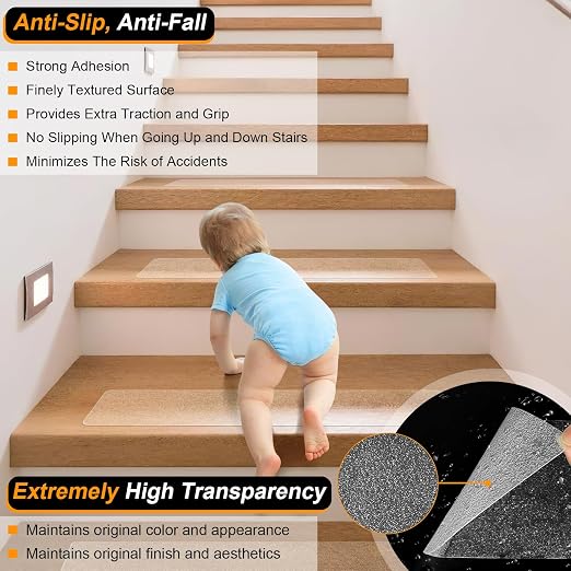 SMILOOL Clear Non Slip Stair Treads for Wooden Steps Indoor 15 Pack 4" x 28" Pre-Cut Anti Slip Stair Strips for Wood Stairs, Grip Tape Transparent Step Tread Grips for Dogs Kids and Pets, Waterproof