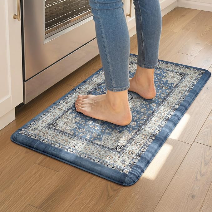 Collive Boho Blue Kitchen Mats Cushioned Anti Fatigue Mats, Non-Slip Kitchen Floor Mats, Kitchen Rugs for Sink, Laundry,Office, 17”x30” Waterproof Standing Desk Mat