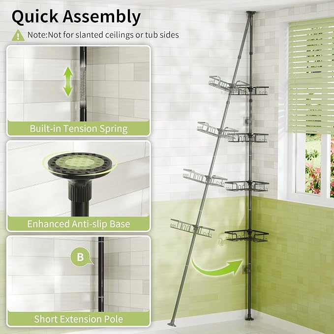 Corner Shower Caddy Tension Pole Adjustable 30.6-127.2 Inch, 4-Tier Rustproof Shower Organizer Shelf Rack, No-Drill Installation Bathroom Storage Shower Caddy Corner Pole, Black