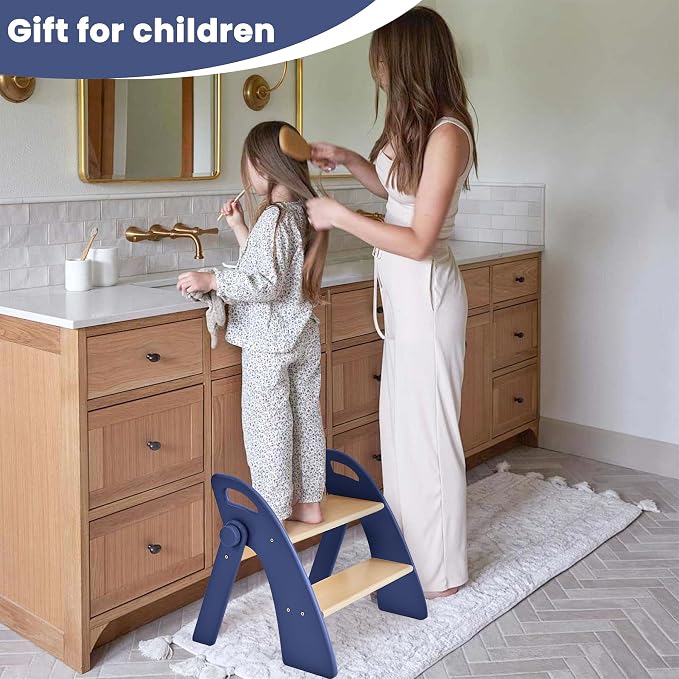 Step Stool for Toddlers, Foldable Wooden 2 Step Stool, Toddler Step Stool for Bathroom Sink & Potty Training, Kitchen Helper with Handles and Non-Slip Pads
