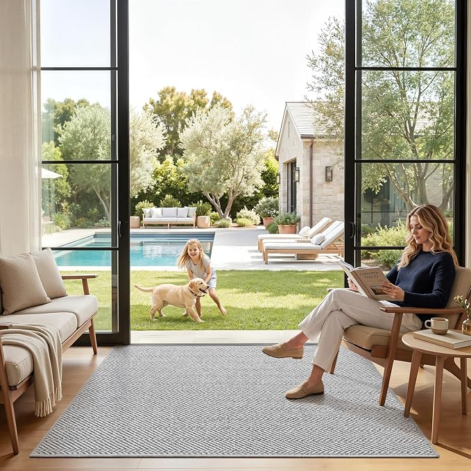 LUMI Ultra Thin Indoor Door Mat for Entrance 32"x48", Non Slip Entryway Mat, Low Profile Doormat, Unique Herringbone Design Carpet for Inside, Patio, Porch, Gray