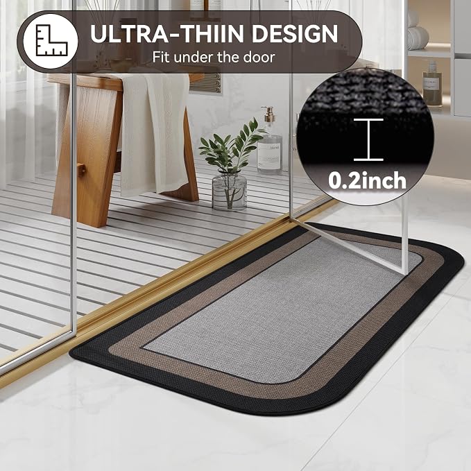 YDKGL Bathroom Runner Rug, Thin Bath Mat Non Slip Washable Large Bathroom Rugs, Rubber Backing Quick Dry for Floor, Tub and Shower, Grey Black 24x48