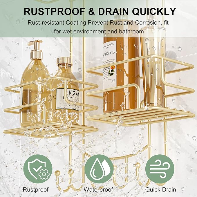 SRIWATANA Shower Caddy Hanging, Bathroom Organizer, No Drilling Shelves Over Shower Head, Bath Rack Holder with Hooks for Razors and Sponge - Gold