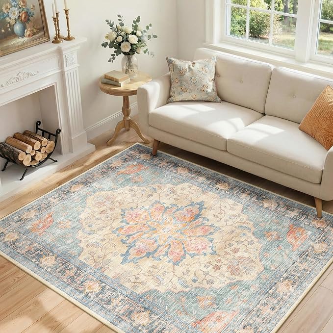 RELEANY Area Rugs 4'x6' Washable Non-Slip, Floral Vintage Distress Medallion Carpet for Living Room Bedroom Dining Room, Blue Orange Red