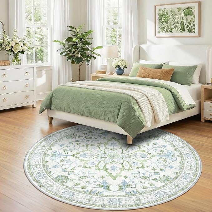 RELEANY Area Rugs Round 7ft Washable Non-Slip, Floral Vintage Distress Medallion Carpet for Living Room Bedroom Dining Room, Green White Blue