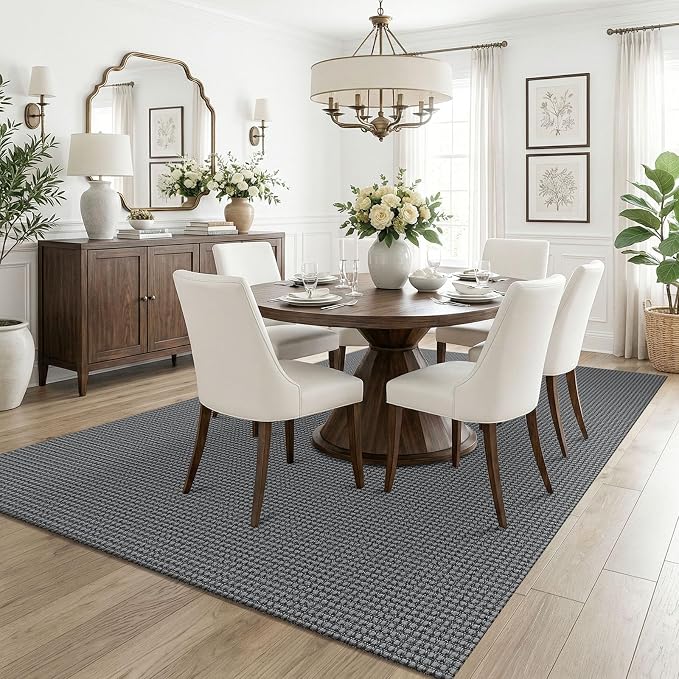 KOZYFLY Washable 5x7 Living Room Rug, Non Slip Woven Area Rugs, Braided Floor Carpet for Entryway, Kitchen, Bedroom, Dining Room, Office, Cotton Rug Indoor Decor, Grey/Dark Grey