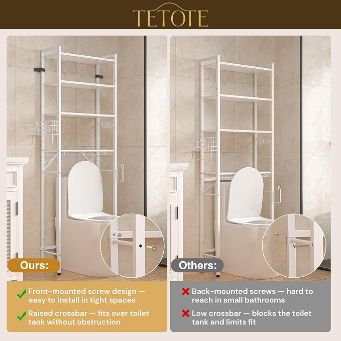 TETOTE Over-The-Toilet Storage Rack, 4-Tier Bathroom Organizer Shelf Over Toilet with Adjustable Shelf and Basket, Freestanding Space Saver Bathroom Shelves Above Toilet for Room(White)