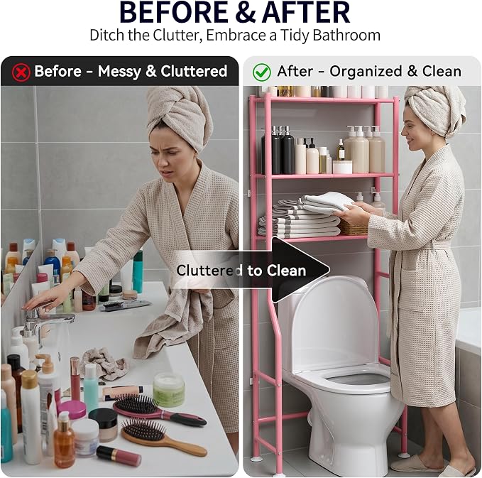 3-Tier Over The Toilet Storage, Freestanding Metal Bathroom Shelves, Space Saver Above The Over Toilet Storage Shelf for Bathroom (Pink)