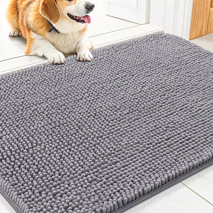 Smiry Dog Door Mat for Muddy Paws 30x17, Absorbent Dirt Trapper, Non-Slip Washable Chenille Entryway Rug for Inside Floor, Grey, Classic Solid